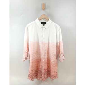 INC Button Down Shirt Mens XL Pink White Linen Blend Ombre Dip Dye